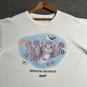 Vintage 90s Cute Cat T-Shirt Size XL Kitty Pets Animals Art Graphic Hawaii Beach